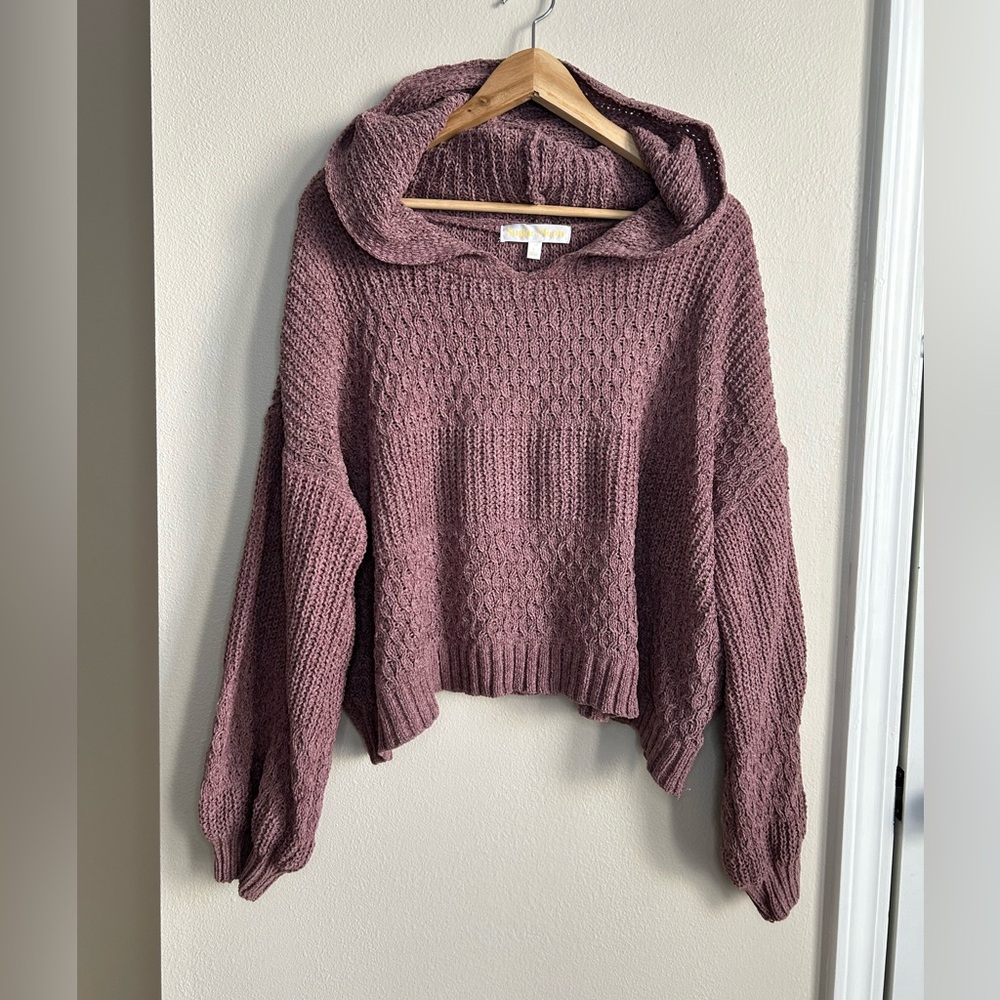 Sugar Moon Mauve Pink Purple Cable Knit Soft Cozy Sweater Hoodie Size L Large